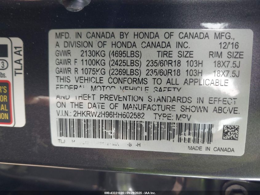 2017 Honda Cr-V Touring VIN: 2HKRW2H96HH602582 Lot: 43331035