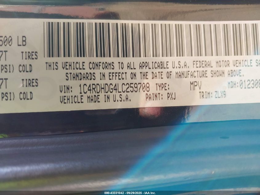 2020 Dodge Durango Gt Plus Rwd VIN: 1C4RDHDG4LC259708 Lot: 43331042