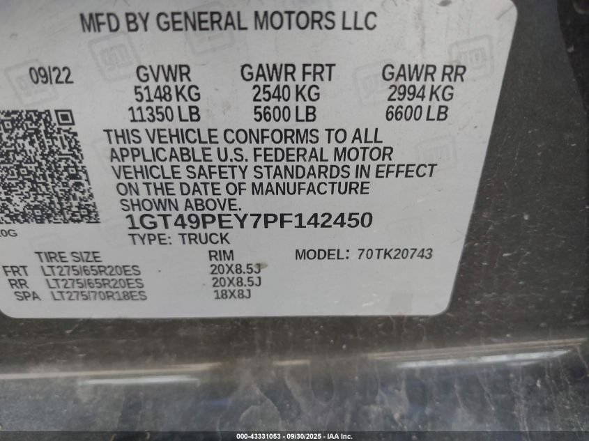 2023 GMC Sierra 2500Hd 4Wd Standard Bed At4 VIN: 1GT49PEY7PF142450 Lot: 43331053