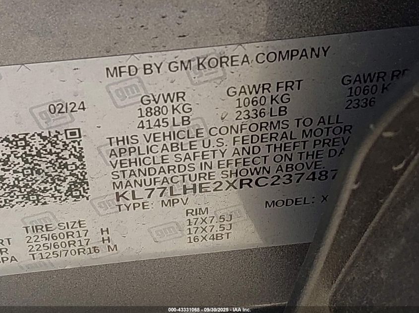 2024 Chevrolet Trax Fwd Lt VIN: KL77LHE2XRC237487 Lot: 43331068