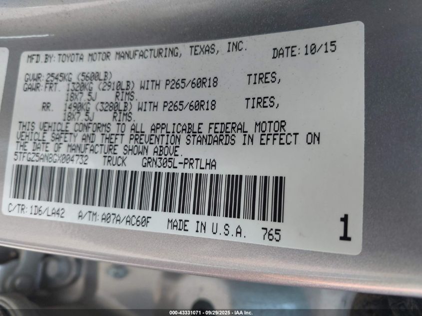 2016 Toyota Tacoma Limited VIN: 5TFGZ5AN8GX004732 Lot: 43331071