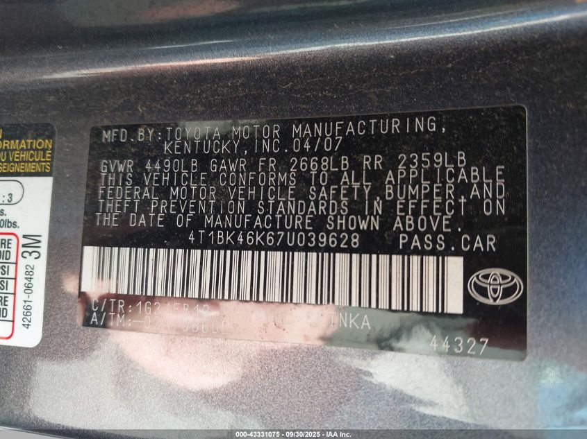 2007 Toyota Camry Le V6 VIN: 4T1BK46K67U039628 Lot: 43331075