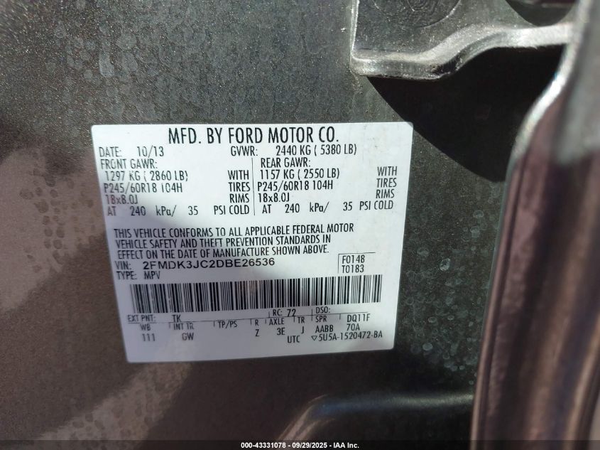 2013 Ford Edge Sel VIN: 2FMDK3JC2DBE26536 Lot: 43331078