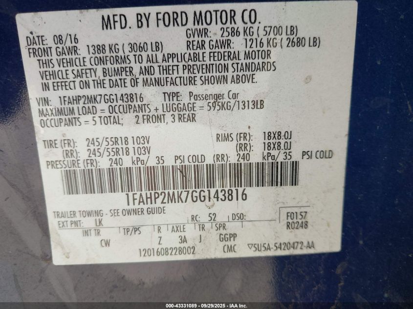 2016 Ford Police Interceptor VIN: 1FAHP2MK7GG143816 Lot: 43331089