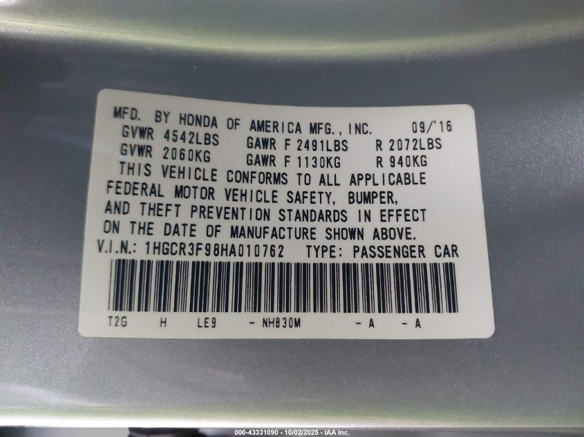 2017 Honda Accord Touring V6 VIN: 1HGCR3F98HA010762 Lot: 43331090