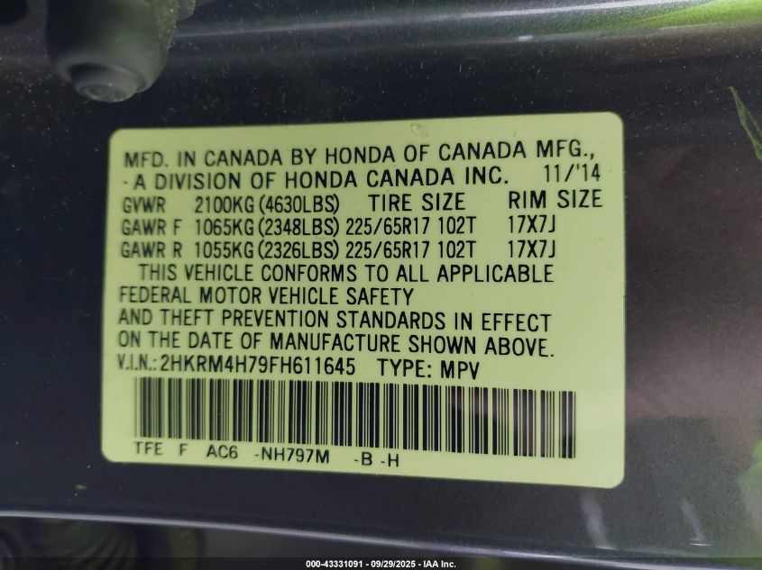 2015 Honda Cr-V Ex-L VIN: 2HKRM4H79FH611645 Lot: 43331091