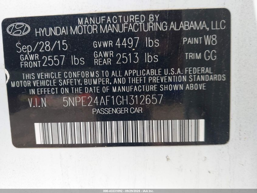2016 Hyundai Sonata Se VIN: 5NPE24AF1GH312657 Lot: 43331092