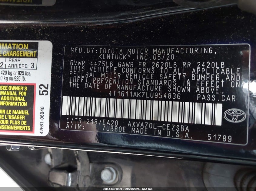 2020 TOYOTA CAMRY SE - 4T1G11AK7LU954836