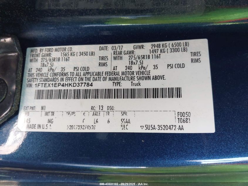 2017 Ford F-150 Xlt VIN: 1FTEX1EP4HKD37784 Lot: 43331102