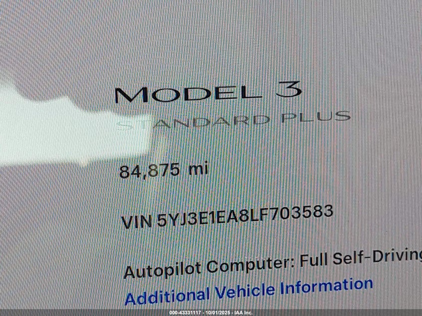 2020 TESLA MODEL 3 STANDARD RANGE PLUS REAR-WHEEL DRIVE/STANDARD RANGE REAR-WHEEL DRIVE 5YJ3E1EA8LF703583
