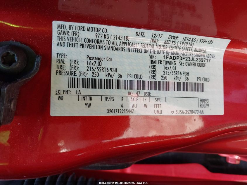 2018 Ford Focus Se VIN: 1FADP3F23JL239717 Lot: 43331119