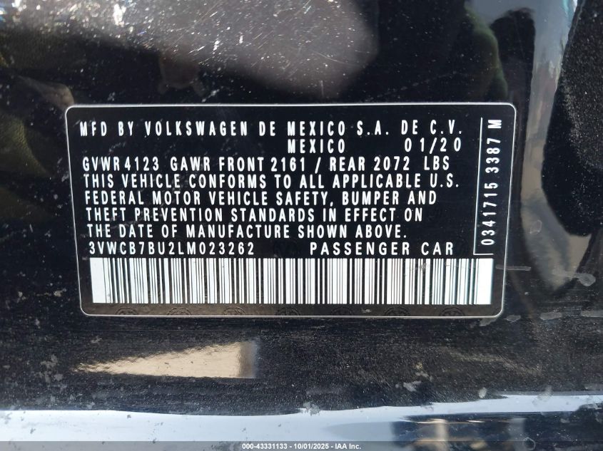 2020 Volkswagen Jetta 1.4T R-Line/1.4T S/1.4T Se VIN: 3VWCB7BU2LM023262 Lot: 43331133