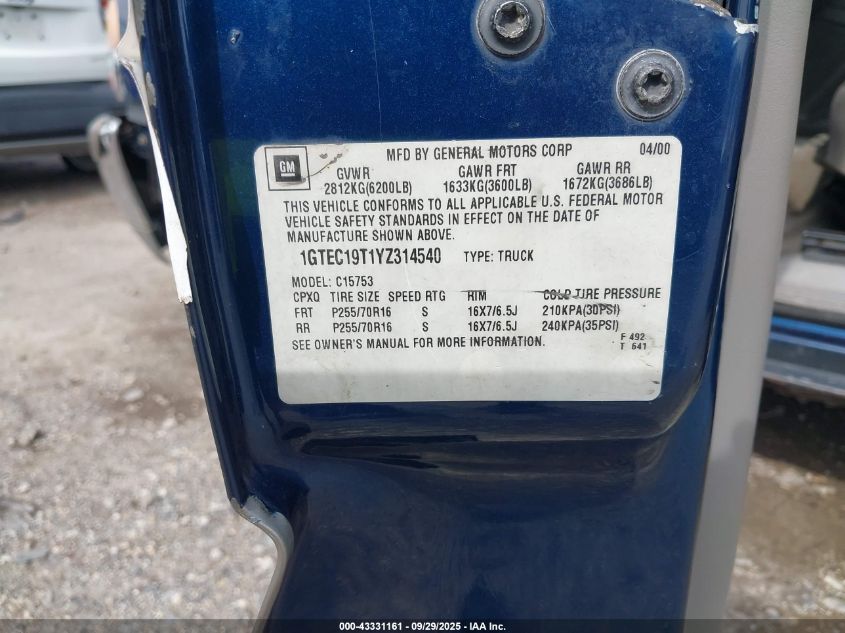 2000 GMC Sierra 1500 Sle VIN: 1GTEC19T1YZ314540 Lot: 43331161