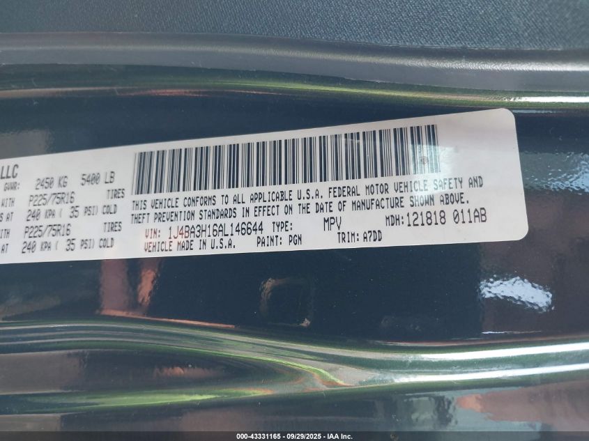 2010 Jeep Wrangler Unlimited Sport VIN: 1J4BA3H16AL146644 Lot: 43331165