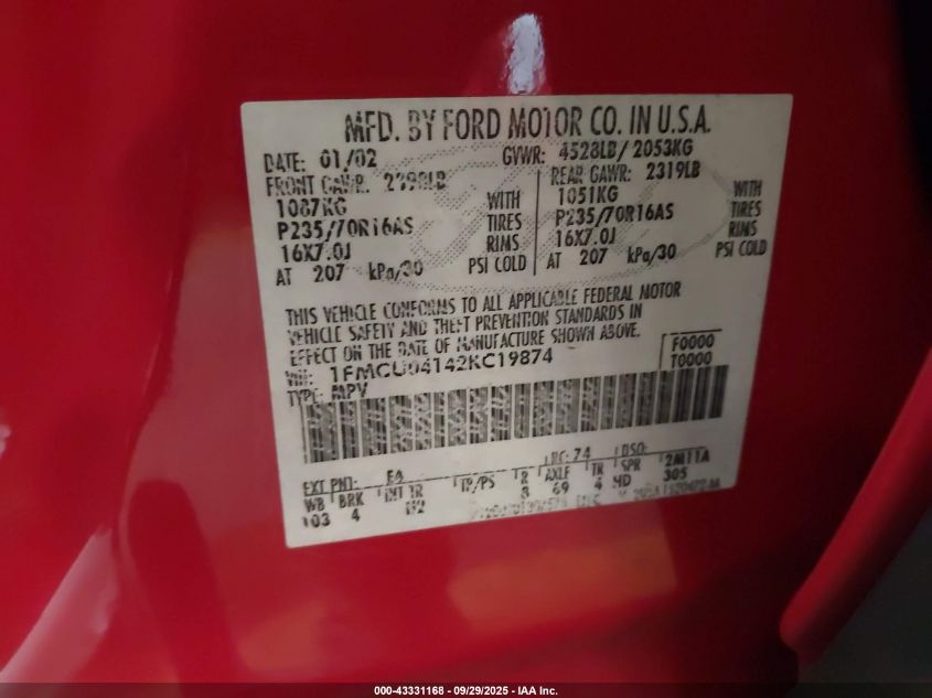 2002 Ford Escape Xlt VIN: 1FMCU04142KC19874 Lot: 43331168