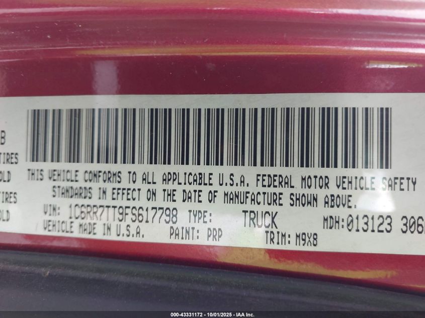 2015 Ram 1500 Big Horn VIN: 1C6RR7TT9FS617798 Lot: 43331172