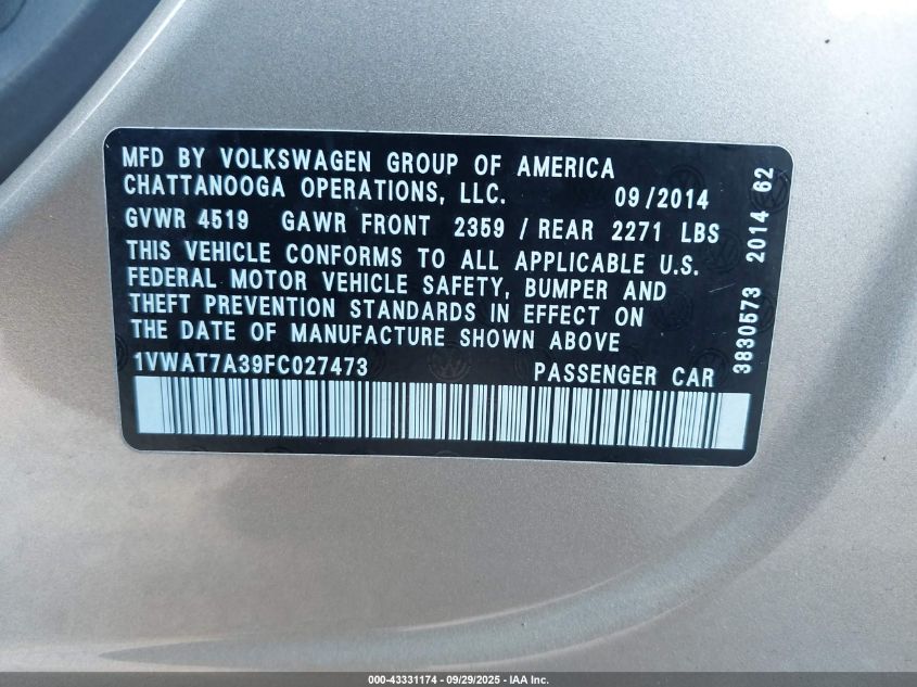2015 Volkswagen Passat 1.8T Wolfsburg Edition VIN: 1VWAT7A39FC027473 Lot: 43331174