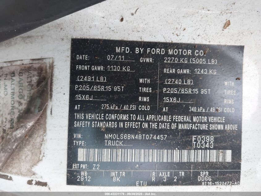 2011 Ford Transit Connect Xlt VIN: NM0LS6BN4BT074457 Lot: 43331176