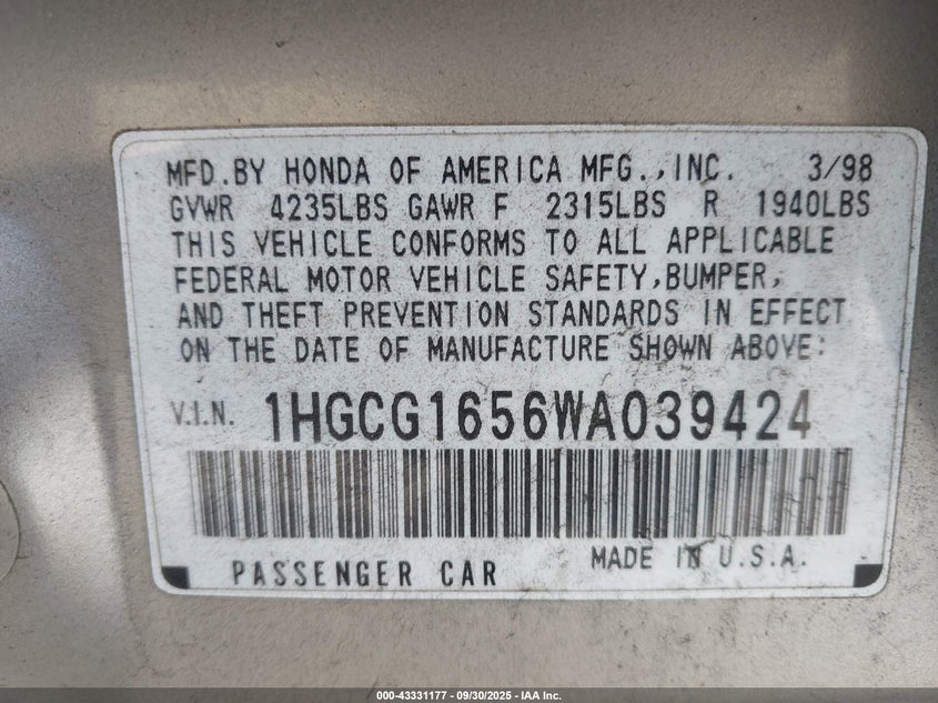 1HGCG1656WA039424 1998 HONDA ACCORD photo no. 9
