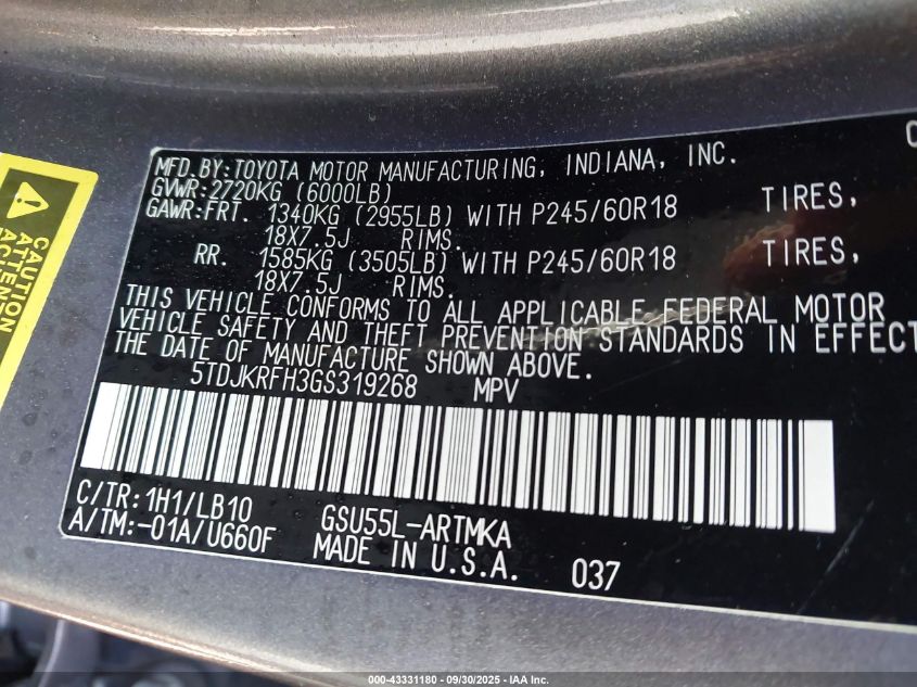 2016 Toyota Highlander Xle V6 VIN: 5TDJKRFH3GS319268 Lot: 43331180