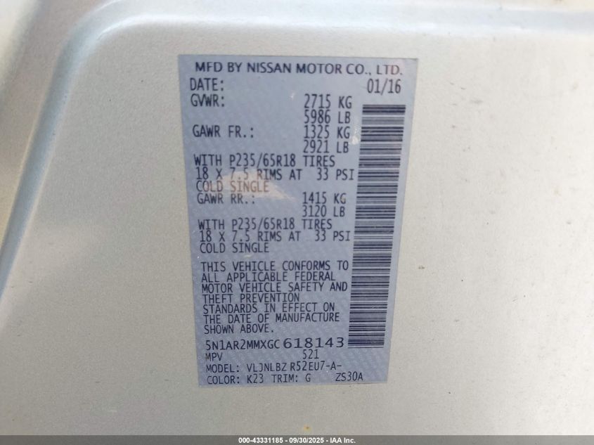 2016 Nissan Pathfinder Platinum/S/Sl/Sv VIN: 5N1AR2MMXGC618143 Lot: 43331185