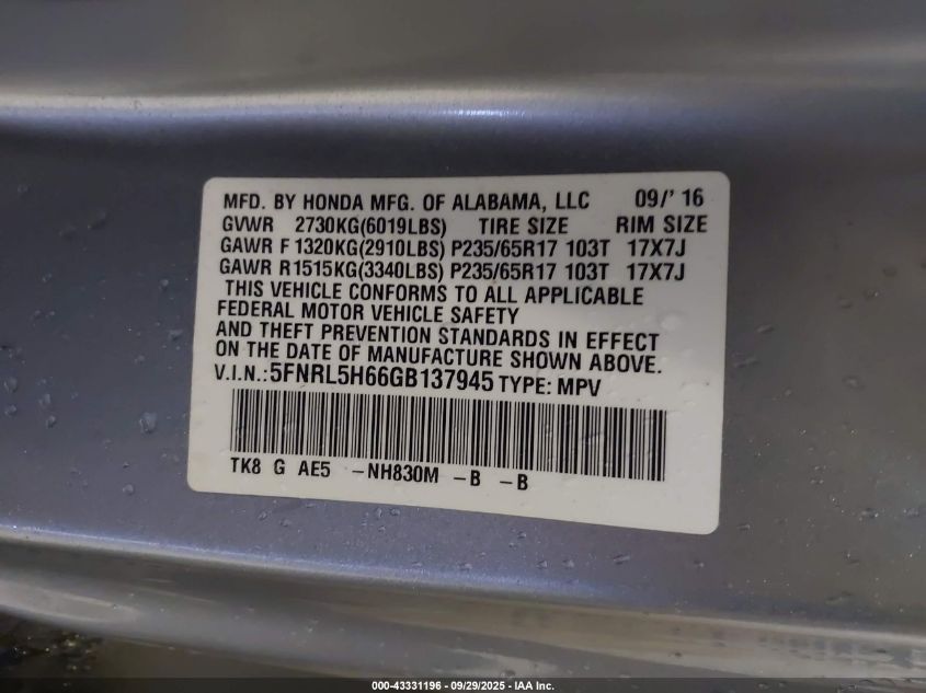 2016 Honda Odyssey Ex-L VIN: 5FNRL5H66GB137945 Lot: 43331196