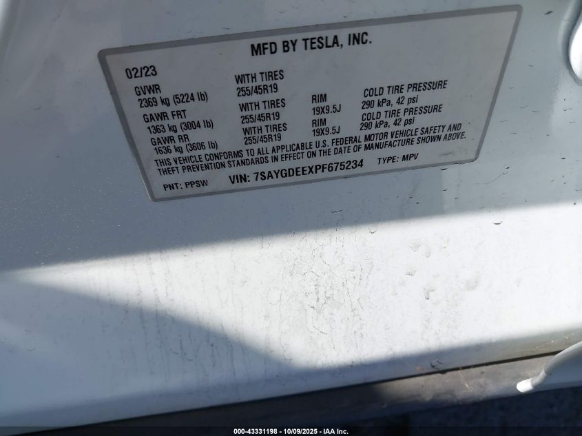 2023 Tesla Model Y Awd/Long Range Dual Motor All-Wheel Drive VIN: 7SAYGDEEXPF675234 Lot: 43331198
