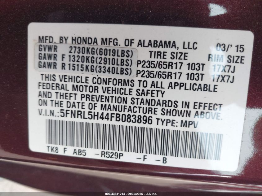 2015 Honda Odyssey Ex VIN: 5FNRL5H44FB083896 Lot: 43331214