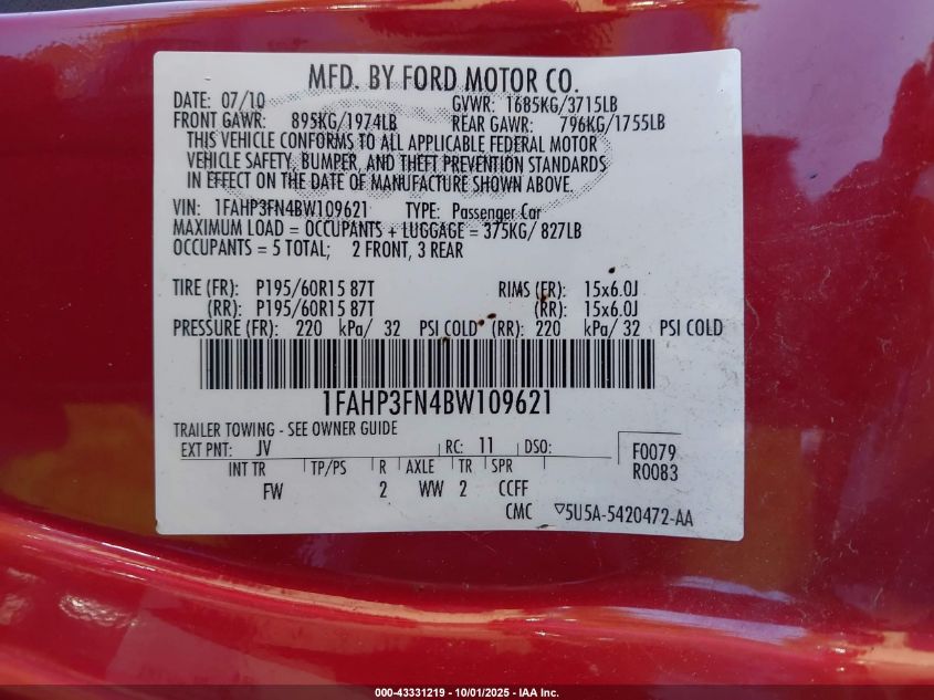 2011 Ford Focus Se VIN: 1FAHP3FN4BW109621 Lot: 43331219