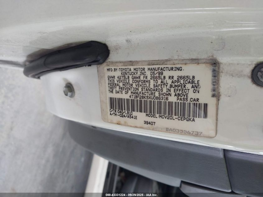 1999 Toyota Camry Xle V6 VIN: 4T1BF28K5XU086316 Lot: 43331224