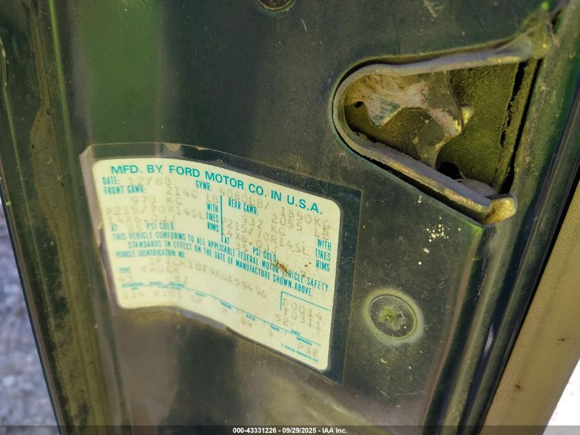 1989 Ford Ranger VIN: 1FTCR10T9KUA59496 Lot: 43331226