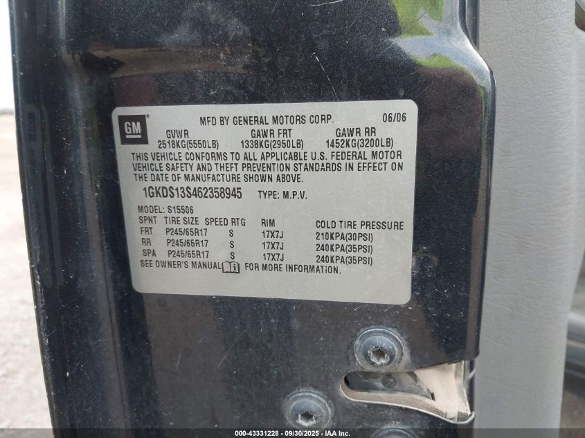 2006 GMC Envoy Slt VIN: 1GKDS13S462358945 Lot: 43331228