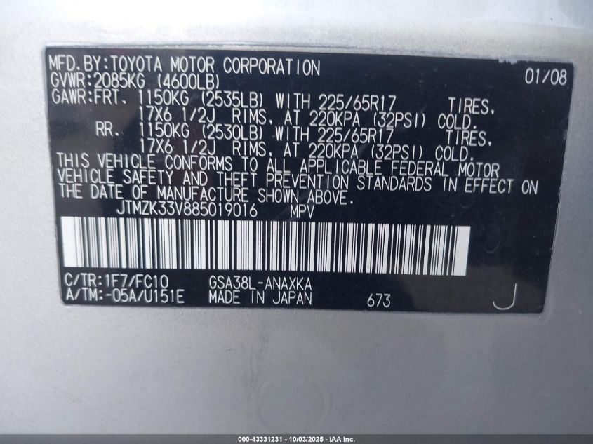 2008 Toyota Rav4 Base V6 VIN: JTMZK33V885019016 Lot: 43331231