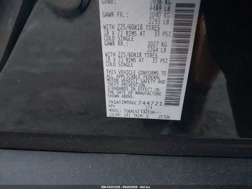 2016 Nissan Rogue Sl VIN: 5N1AT2MT6GC744721 Lot: 43331238