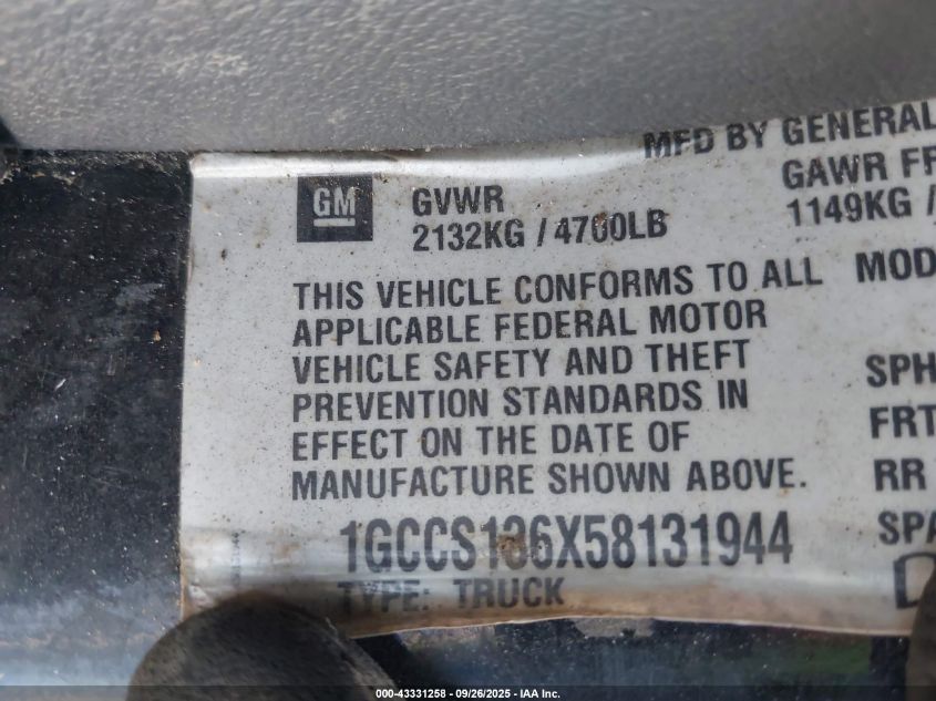2005 Chevrolet Colorado Ls VIN: 1GCCS136X58131944 Lot: 43331258