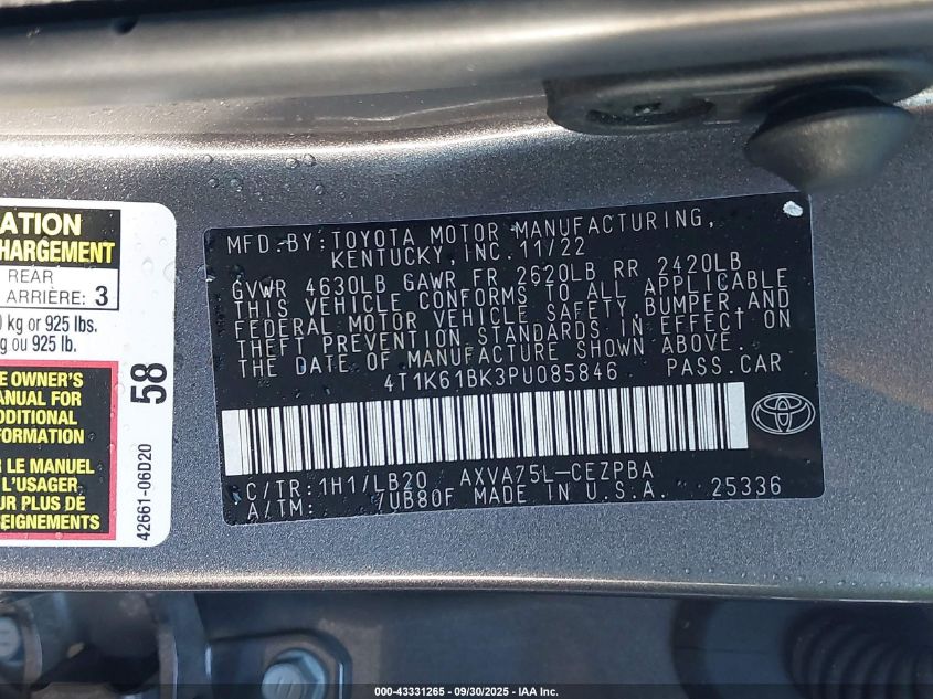 2023 Toyota Camry Xse Awd VIN: 4T1K61BK3PU085846 Lot: 43331265