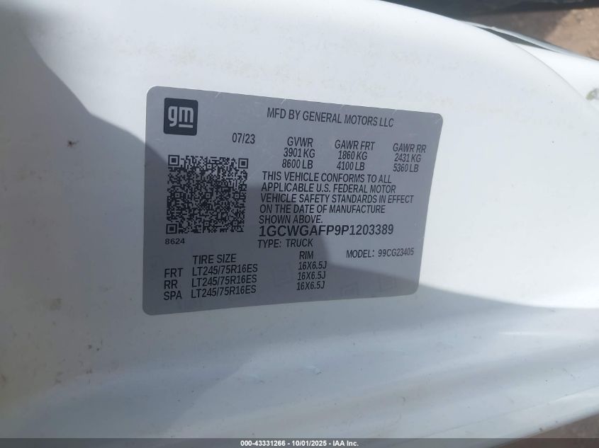 2023 Chevrolet Express Cargo Rwd 2500 Regular Wheelbase Wt VIN: 1GCWGAFP9P1203389 Lot: 43331266