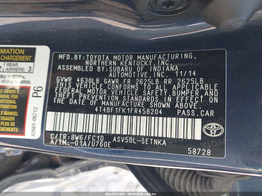 2015 Toyota Camry Le VIN: 4T4BF1FK1FR458204 Lot: 43331284