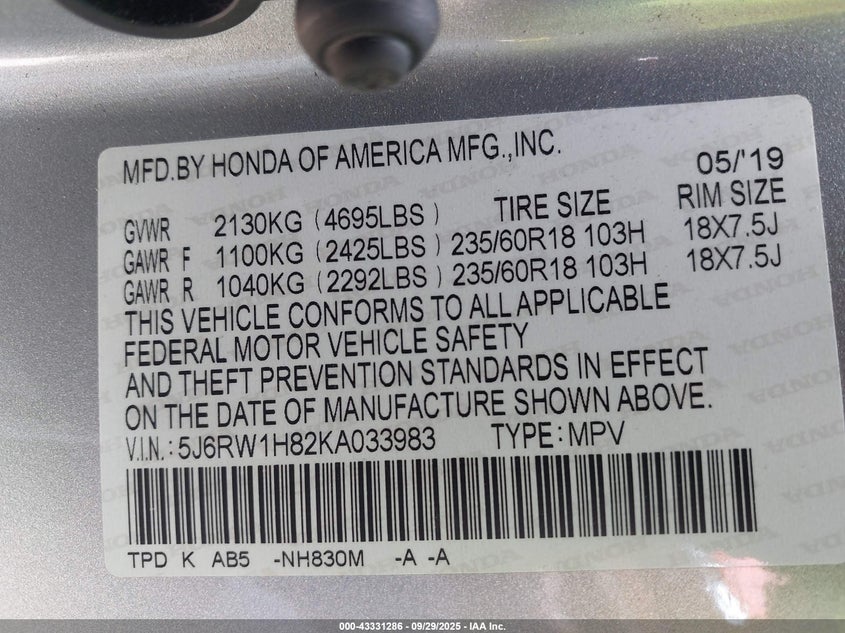 2019 HONDA CR-V EX-L - 5J6RW1H82KA033983