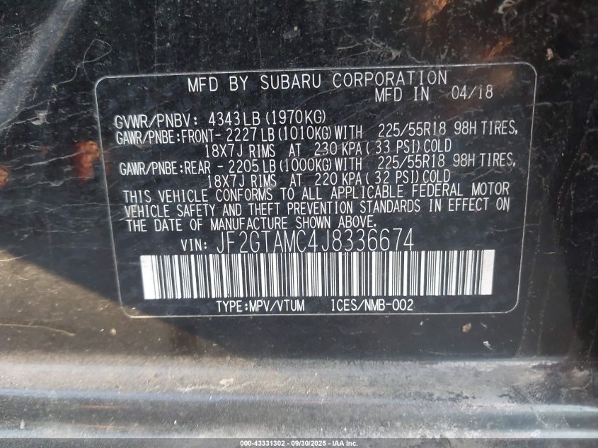 2018 Subaru Crosstrek 2.0I Limited VIN: JF2GTAMC4J8336674 Lot: 43331302