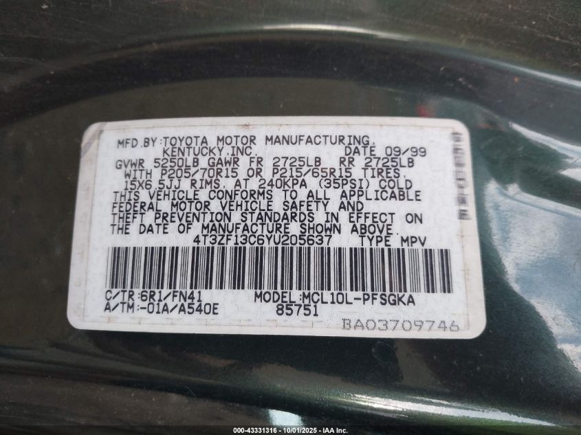 2000 Toyota Sienna Le VIN: 4T3ZF13C6YU205637 Lot: 43331316