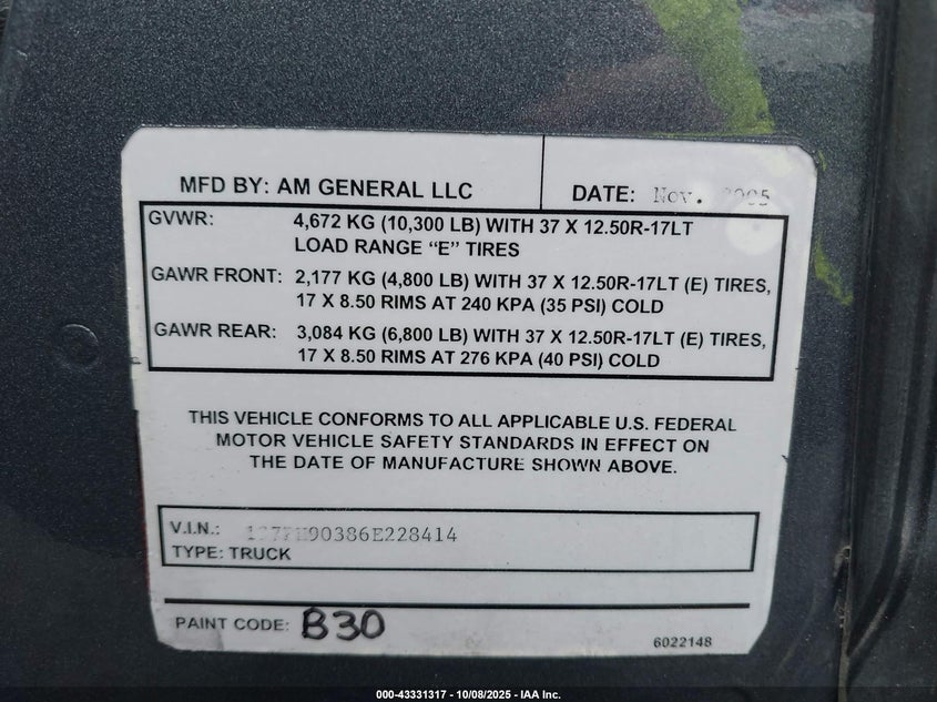 2006 Hummer H1 VIN: 137PH90386E228414 Lot: 43331317