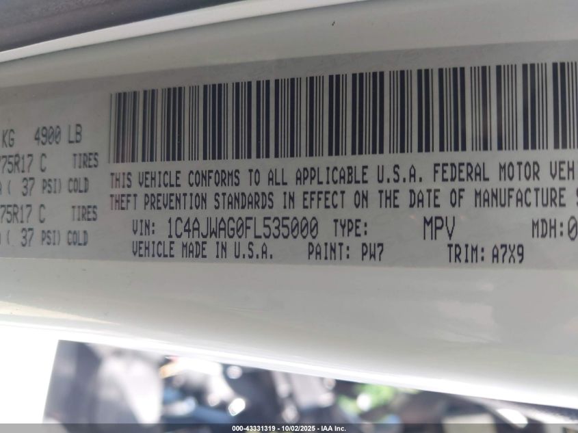 2015 Jeep Wrangler Willys Wheeler VIN: 1C4AJWAG0FL535000 Lot: 43331319