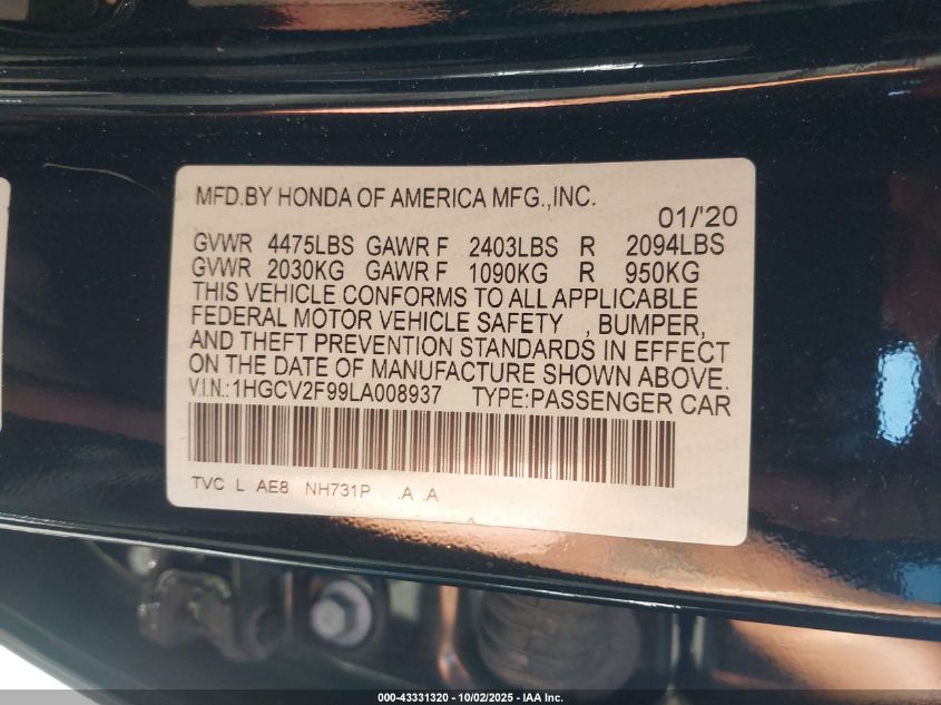 2020 Honda Accord Touring VIN: 1HGCV2F99LA008937 Lot: 43331320