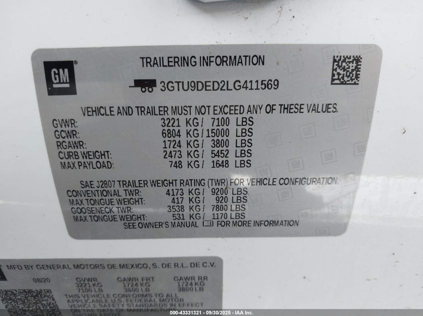 2020 GMC Sierra 1500 4Wd Standard Box Slt VIN: 3GTU9DED2LG411569 Lot: 43331321