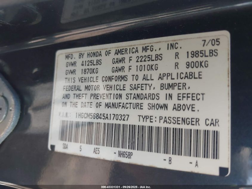 2005 Honda Accord 2.4 Ex VIN: 1HGCM56845A170327 Lot: 43331331