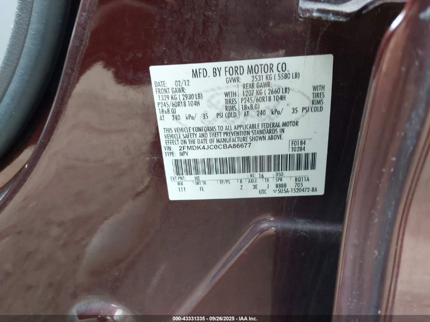 2012 Ford Edge Sel VIN: 2FMDK4JC0CBA86677 Lot: 43331335