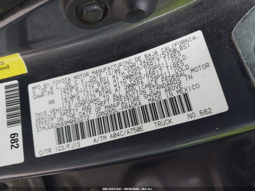 2009 Toyota Tacoma Prerunner V6 VIN: 3TMJU62N89M083272 Lot: 43331341