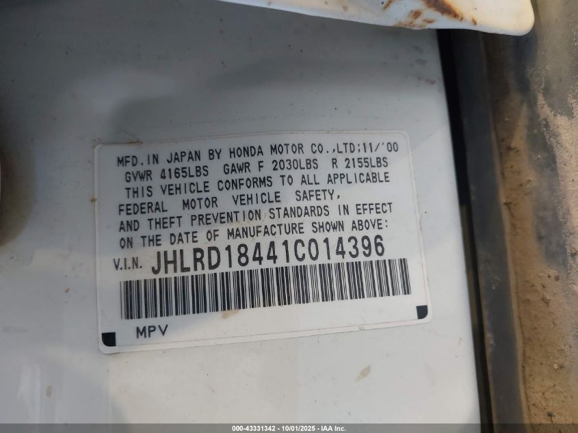 2001 Honda Cr-V Lx VIN: JHLRD18441C014396 Lot: 43331342