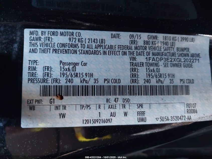 2016 Ford Focus S VIN: 1FADP3E2XGL202271 Lot: 43331354